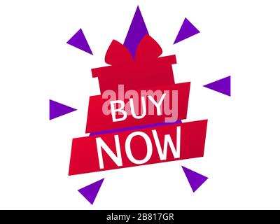 Buy now. Red gift box with ribbon in flat style isolated on white background. Big sale. Vector illustration Stock Vector