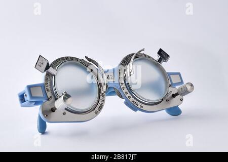 Optometrist medical equipment, Equipment tool for test vision isolated white background. Stock Photo