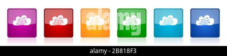 Cloud computing icon set, technology, circuit, data colorful square glossy vector illustrations in 6 options for web design and mobile applications Stock Vector