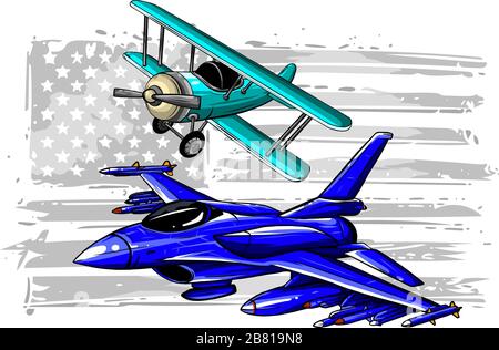 Military plane fired a missile. Fighter jet vector illustration. Stock Vector