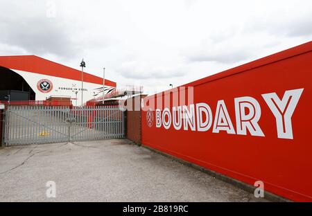 A general view of locked gates at Bramall Lane, home of Sheffield United. Premier League clubs will gather via conference call on Thursday morning to discuss fixtures and finances amid the coronavirus pandemic. Stock Photo