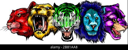 Set of stylized feline heads on grey background. Vector Illustration Stock Vector