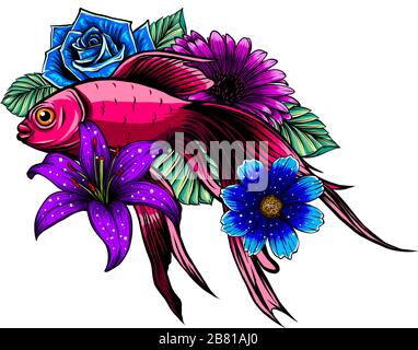 Beautiful hand drawn Koi carp fish in lotus water lily flowers. Stock Vector