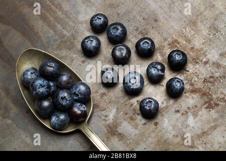 Blueberries on a spoon and on a metal table in a top view Stock Photo