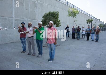 Ahmedabad / India / April 11, 2017: Band of trumpet and clarinet players in India outdoors Stock Photo
