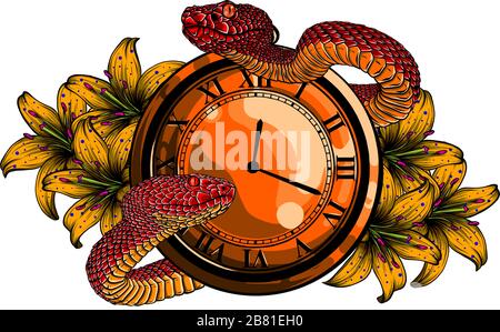 Vector Pocket Watch and Flower Traditional Tattoo Stock Vector