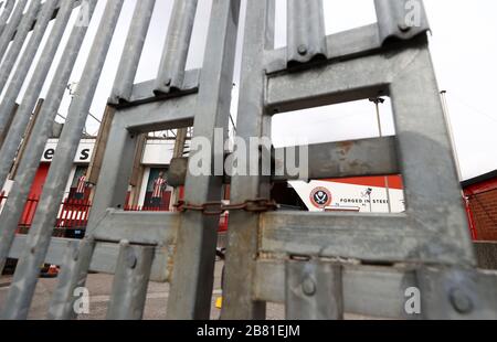 A general view of locked gates at Bramall Lane, home of Sheffield United. Premier League clubs will gather via conference call on Thursday morning to discuss fixtures and finances amid the coronavirus pandemic. Stock Photo