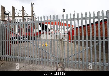 A general view of locked gates at Bramall Lane, home of Sheffield United. Premier League clubs will gather via conference call on Thursday morning to discuss fixtures and finances amid the coronavirus pandemic. Stock Photo