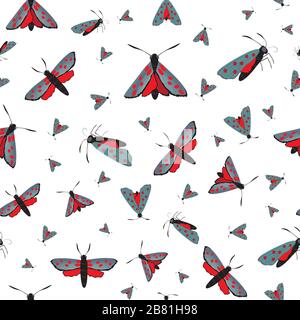 Six spot burnet butterfly seamless vector pattern background. Day flying moth illustration.Scottish coastal insect repeat backdrop. All over print for Stock Vector