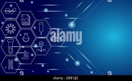Blue radial gradient background with science and medical icon and sparkle effect. Stock Vector