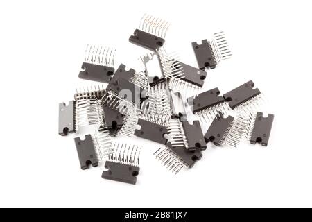 Various electronic components, power case IC close-up on white background. Stock Photo