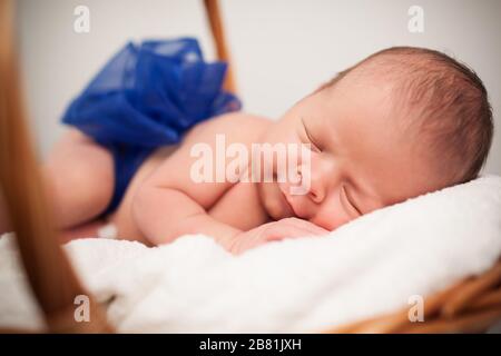 Close up of adorable newborn baby with gift blue bow on body sleeping on white sheets. Sweet infant lying in basket and smiling in sleep. Isolated on Stock Photo