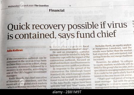 'Quick recovery possible if virus is contained says fund chief' 11 March 2020 Financial section Covid-19 article inside Guardian newspaper London UK Stock Photo