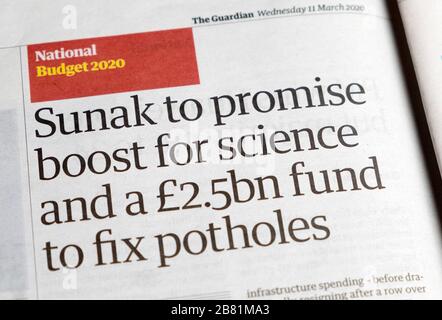 Rishi 'Sunak to promise boost for science and a £2.5bn fund to fix potholes' Budget 2020 financial section Guardian newspaper 11 March London UK Stock Photo
