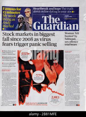 Covid19 newspaper headline 'Stock markets in biggest fall since 2008 as virus fears trigger panic selling'  front page Guardian 10 March 2020 UK Stock Photo