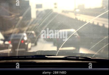 Dirty Windshield, Pollution Auto Glass dirty with interior view in car Stock Photo