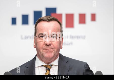 19 March 2020, Lower Saxony, Hanover: Boris Pistorius, Lower Saxony's Minister of the Interior and Sport in Lower Saxony (SPD), will speak to the crisis management team of the Lower Saxony state government during a pk. Photo: Peter Steffen/dpa