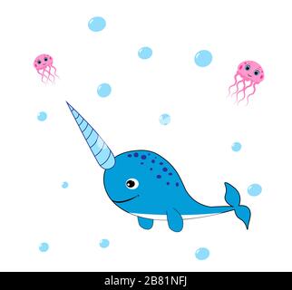 cute narwhal cartoon illustration vector poster Stock Photo