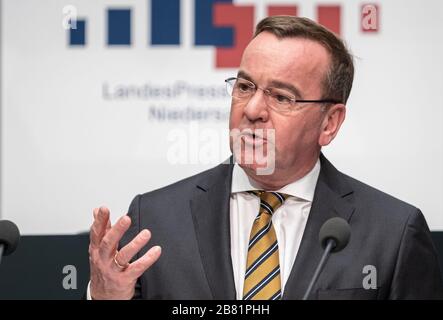 19 March 2020, Lower Saxony, Hanover: Boris Pistorius, Lower Saxony's Minister of the Interior and Sport in Lower Saxony (SPD), speaks at a press conference on the crisis management team of the Lower Saxony state government. Photo: Peter Steffen/dpa