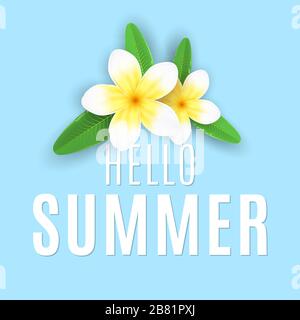 Summer label. Plumeria flowers and text on a blue background. Seasonal banner for your design. Vector illustration. EPS 10 Stock Vector