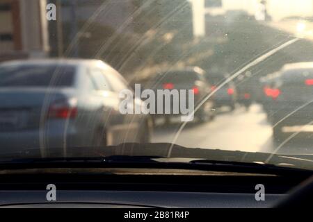 Dirty Windshield, Pollution Auto Glass dirty with interior view in car Stock Photo