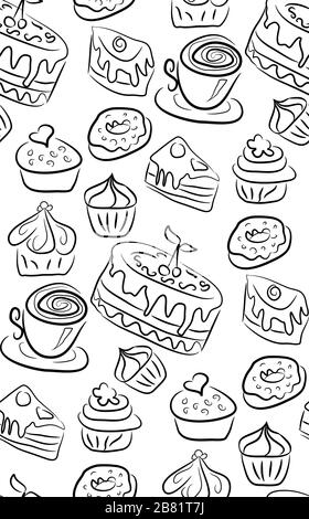 Sweet doodle pattern with cupcakes, cakes, candies and cones. hand drawn seamless pattern. Stock Vector