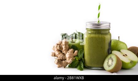 Healthy green smoothie in jar isolated on white background. Panorama view Stock Photo