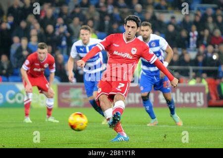 CARDIFF, UK - NOV 21ST 2014. Cardiff City's Peter Whittingham scores his sides 2nd goal from a penalty during the Sky Bet Championship match between Cardiff City & Reading at the Cardiff City Stadium on Friday 21st  November 2014 (Credit: MI News) Stock Photo