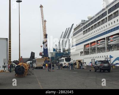 Walvis Bay, Namibia. 13th Mar, 2020. The cruise ship 'AIDAmira' is moored in the port. (to dpa 'War of nerves for cruise passengers in Cape Town continues') Credit: Klaus Blume/dpa/Alamy Live News Stock Photo