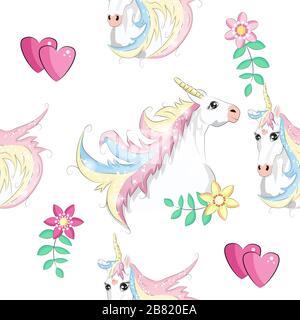 Seamless pattern with trendy cartoon patches. Unicorns, rainbows and hearts. Stock Vector