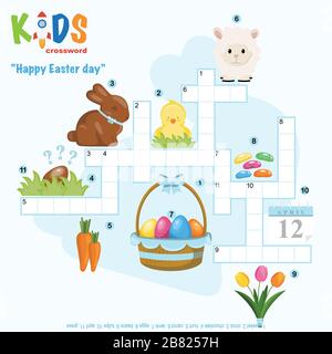 Easy crossword puzzle 'Happy Easter Day', for children in elementary and middle school. Fun way to practice language comprehension and expand vocabula Stock Vector
