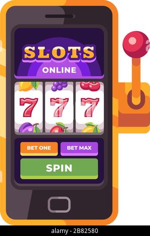 Golden smartphone with slots game on screen. Online casino flat illustration Stock Vector