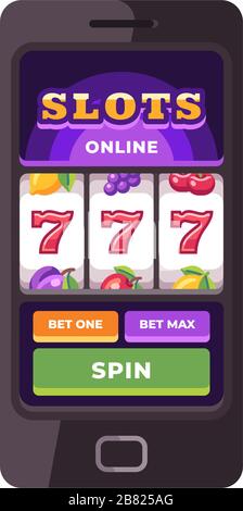 Smartphone with slots game on screen. Online casino flat illustration Stock Vector