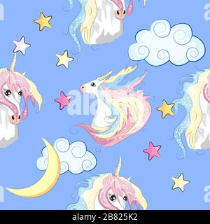Seamless pattern with trendy cartoon patches. Unicorns, rainbows and hearts. Stock Vector