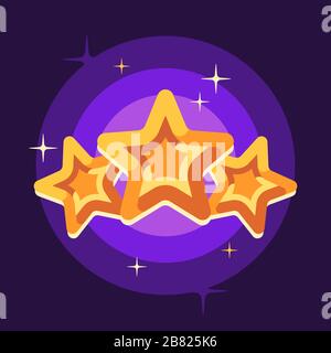 Three golden stars on purple background flat illustration Stock Vector