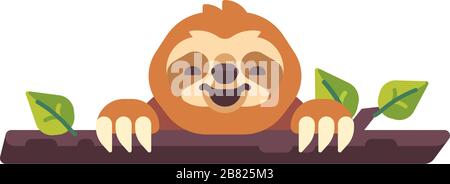Cute sloth laughing on a tree branch flat illustration Stock Vector