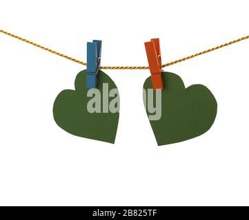 two green hearts are hanging on the folds for clothes with snaps Stock Photo