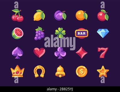 Classic slot machine symbol collection on dark background. Casino flat icons Stock Vector