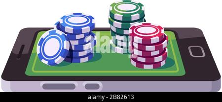 Poker chips stacked on smartphone screen. Online casino concept Stock Vector