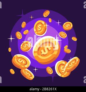 Shiny gold coins falling down. Flying coins on purple background Stock Vector