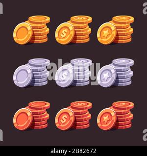 Set of gold, silver and bronze coin stacks on dark background Stock Vector