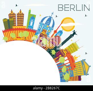 Berlin Germany City Skyline with Color Buildings, Blue Sky and Copy Space. Vector Illustration. Business Travel and Tourism Concept. Stock Vector