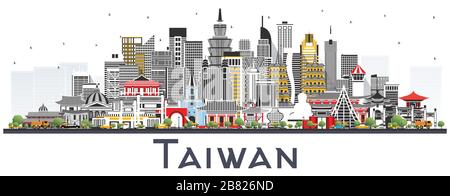 Taiwan City Skyline with Gray Buildings Isolated on White. Vector Illustration. Tourism Concept with Historic Architecture. Taiwan Cityscape. Stock Vector