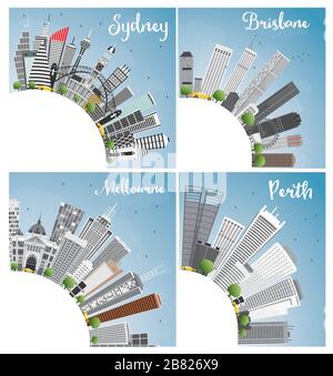 Australian Cities. Sydney Brisbane Perth and Melbourne City Skyline with Gray Buildings, Blue Sky and Copy Space. Vector Illustration. Stock Vector