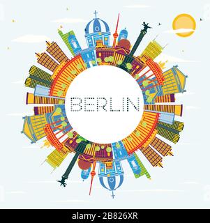 Berlin Germany City Skyline with Color Buildings, Blue Sky and Copy Space. Vector Illustration. Business Travel and Tourism Concept. Stock Vector