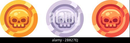 Gold, silver and bronze pirate coins with skulls, Rank medal flat icons Stock Vector