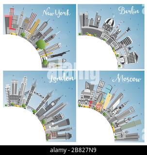 London, Berlin, Moscow and New York City Skyline with Gray Skyscrapers, Blue Sky and Copy Space. Stock Vector