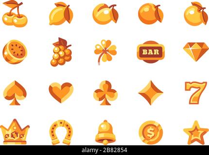 Classic gold slot machine symbol collection. Casino flat icons Stock Vector