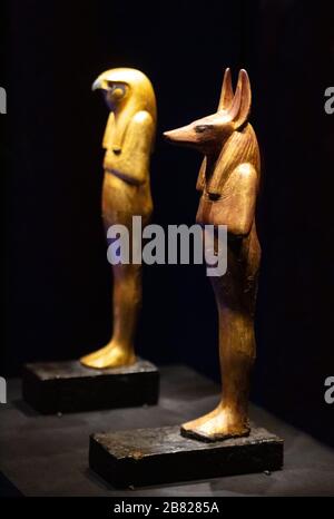 Tutankhamuns tomb treasures - small statues of Herwer ( Horus the Elder ) and Duamutef, one of the sons of Horus, egyptian Gods from Ancient Egypt