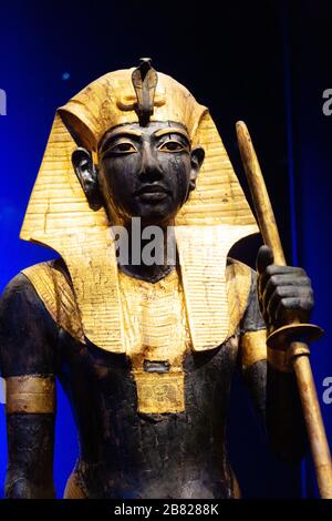 Tutankhamun statue from the tomb of the Pharaoh - Wooden Guardian statue of the Ka of the King, wearing the Nemes headcloth; Ancient Egyptian treasure Stock Photo